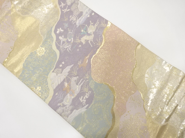 アンティーク　道長取りに狩猟・花鳥模様織出し袋帯（材料）